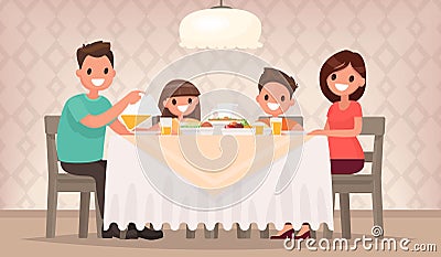 Family meal. Father mother, son and daughter together sit at the Cartoon Illustration