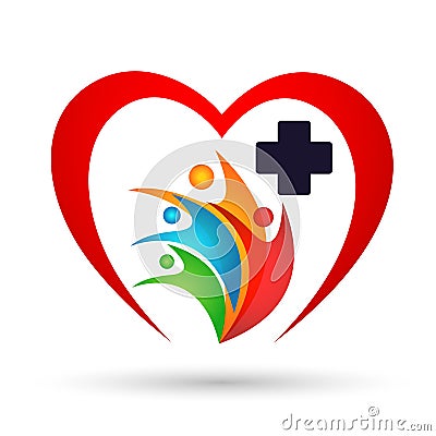 Family medical health union,love and care in a red heart cross and heart shape logo icon vector element on white background Cartoon Illustration