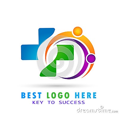 Family medical healthy life cross clinic hands care logo parent kids love, protect symbol icon design vector on white background. Cartoon Illustration