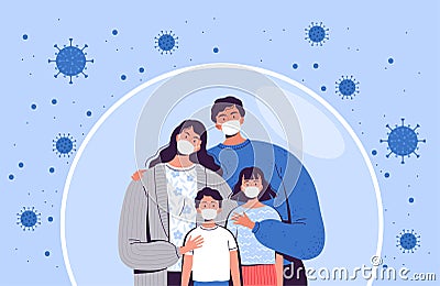 Family in medical masks stands in a protective bubble. Adults and children are protected from the new coronavirus COVID Vector Illustration