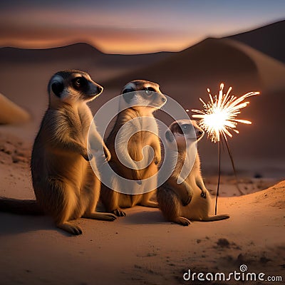 A family of meerkats setting up a miniature fireworks show in the desert sand5 Stock Photo