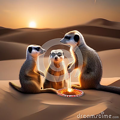 A family of meerkats setting up a miniature fireworks show in the desert sand4 Stock Photo