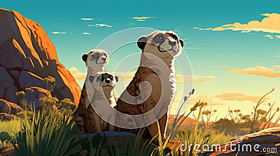 A family of meerkats standing upright, keeping a watchful eye on their surroundings by AI generated Stock Photo