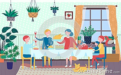 Family Meeting, People Eating and Drinking Holiday Vector Illustration