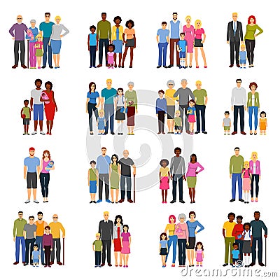 Family Members Groups Flat Icons Set Vector Illustration
