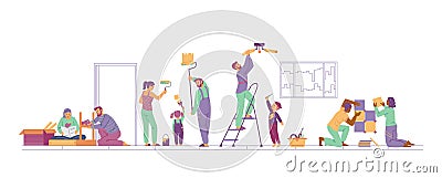 Family members make repairs on their own, flat vector illustration isolated. Vector Illustration