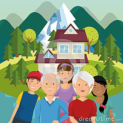 Family members outside of the house Vector Illustration