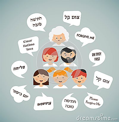 Family members saying traditional greeting for yom kippur in hebrew. Jewish holiday. Vector Illustration