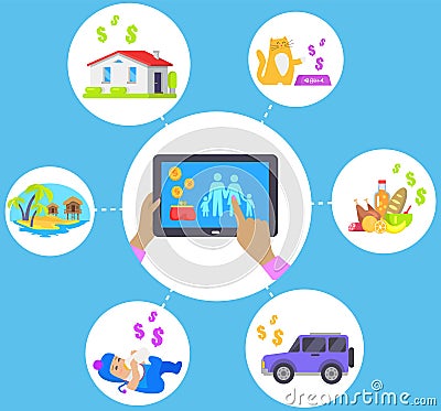 Family mind map. Accommodation, transport, food, pets, rest icons. Man with tablet pays for service Vector Illustration