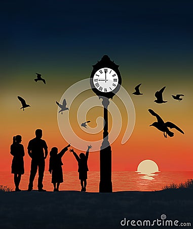 A family, mom, dad and kids are seen with a flock of seagulls on the beach where a lighted clock is seen at sunSet Cartoon Illustration