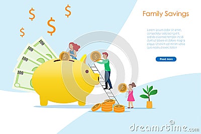 Family money savings concept. Mother , father and kid saving gold coin in piggy bank, budget planing for family Vector Illustration