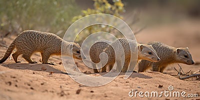 A family of mongooses hunting for insects and small animals in a sandy desert, concept of Familial social behavior Stock Photo