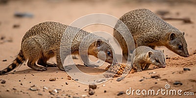 A family of mongooses hunting for insects and small animals in a sandy desert, concept of Familial social behavior Stock Photo