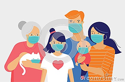 Family, mother, father, baby and a girl wearing medical masks during Coronavirus. Covid-19 concept. Self isolation, quarantine. Vector Illustration
