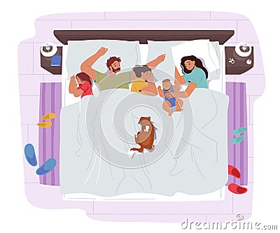 Family Mother, Father, Children and Cat Characters Sleep Together on One Bed. Mom, Dad and Kids Embracing Each Other Vector Illustration