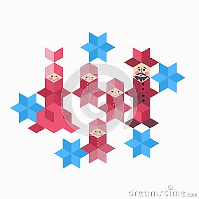 Family with mother, father and three children. Patchwork design with funny people from rhombuses Vector Illustration