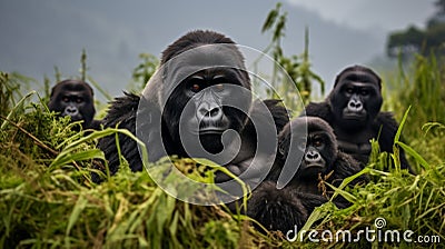 A family of mountain gorillas in the misty Virunga Mountains Stock Photo