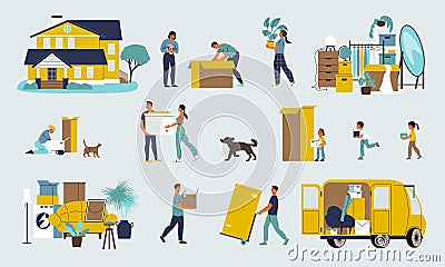 Family Moving Color Set Vector Illustration