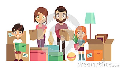 Family moving new home. Happy people packing unpacking boxes cardboard package deliver parents kids relocation, flat Vector Illustration