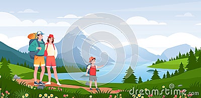 Family in nature adventure, cartoon happy hikers people enjoy natural scenery with mountain lake Vector Illustration