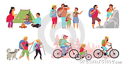 Family nature adventures. Happy trekking, cartoon tourist hiking. People in camping, active fun lifestyle. Outdoor hike Vector Illustration