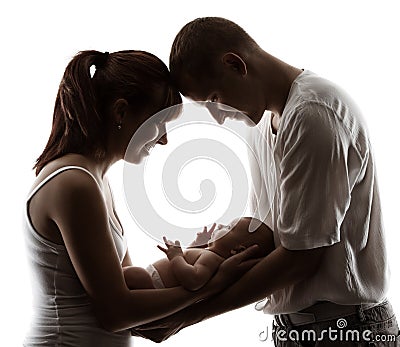 Family with newborn baby. Parents silhouette over white Stock Photo