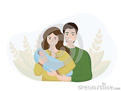 Family with a newborn child. A woman`s mother holds a small child in her arms, a man`s father holds them firmly. Concept of mother Vector Illustration