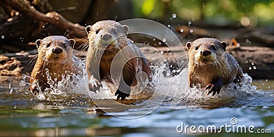 A family of otters slide down a riverbank, their gleeful squeaks echoing through the air as they plunge into the cool Stock Photo