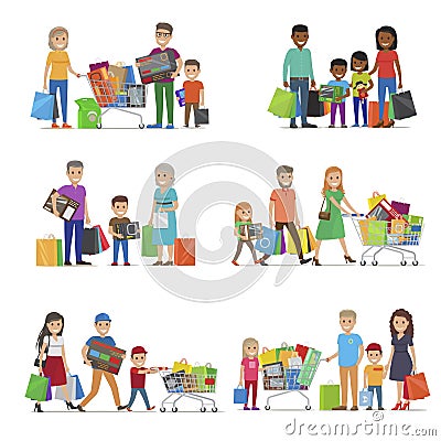 Family out on Shopping Set. Children and Parents Vector Illustration