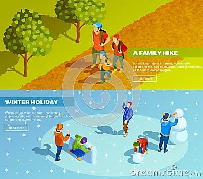 Family Outdoor Activities Isometric Banners Set Vector Illustration