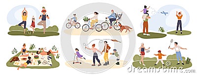 Family outdoor activity. Parents and children spending time together. Having picnic, doing yoga, cycling. Family summer Vector Illustration