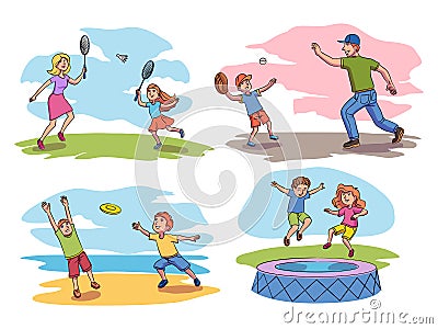 Family outdoor activity, sport and fun scene set Vector Illustration