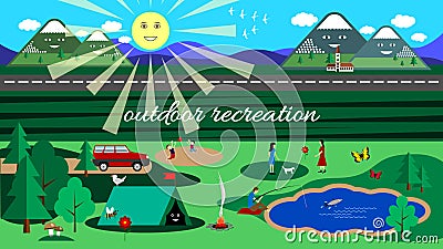 Family outdoor recreation, camping flat style. Vector Illustration