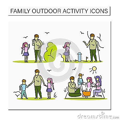 Family outdoors activities color icons set Vector Illustration
