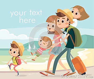 Family on overseas vacation on seashore walking by beach Vector Illustration