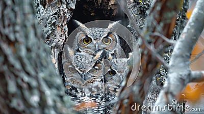 A family of owls nestles in the branches of a tree their hoots echoing through the calm forest. . Stock Photo