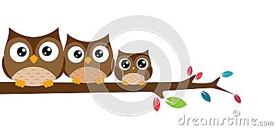 Family of owls sat on a tree branch Vector Illustration