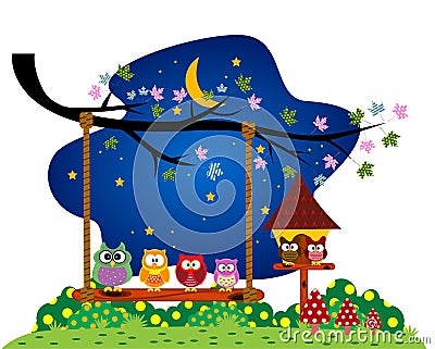 Family Owls sitting on a swing under a tree at the park Vector Illustration