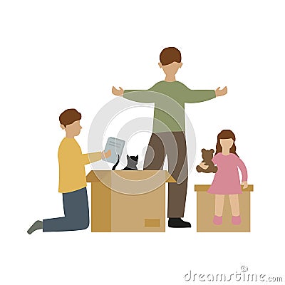 Family packs boxes when moving Vector Illustration