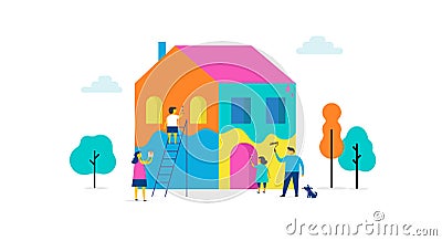 Family is painting home, concept design. Summer outdoor scene with colorful minimalistic flat vector illustration Vector Illustration