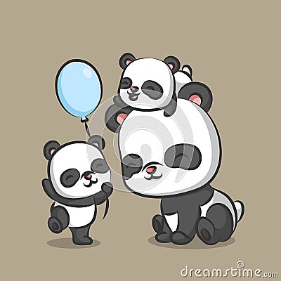 The family of panda is playing together with the blue balloons Vector Illustration