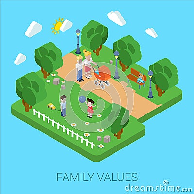 Family parenting people concept flat 3d isometric parents kids Vector Illustration