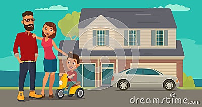 Family. Parents, grandparents and child on a tricycle on background with house and car. Vector Illustration