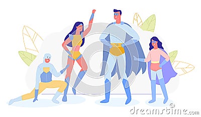 Family, Parents and Kids in Super Hero Costumes Vector Illustration