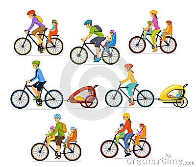 Family, Parents, Man Woman with their children, boy and girl, riding bikes. Safe kids seats and trolleys Vector Illustration