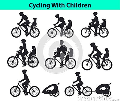 Family, Parents, Man Woman with their children, boy and girl, riding bikes. Safe kids seats and trolleys for traveling cycling Vector Illustration