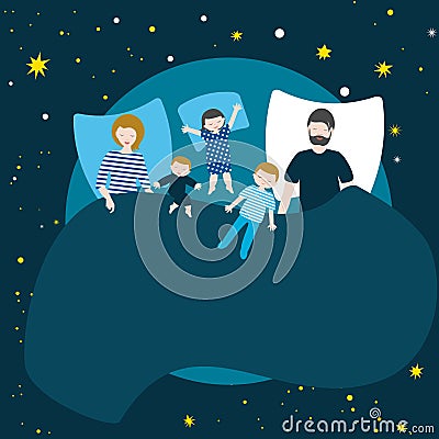 Family of parents and three children sleeping together in bed. Flat cartoon llustration Vector Illustration