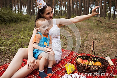 Family party picnic selfie birthday concept. Stock Photo