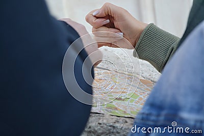 Peaple hands choicing way on the traveling map Stock Photo