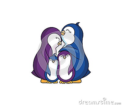 The Family Penguins are hugging. Cartoonish animals Vector Illustration